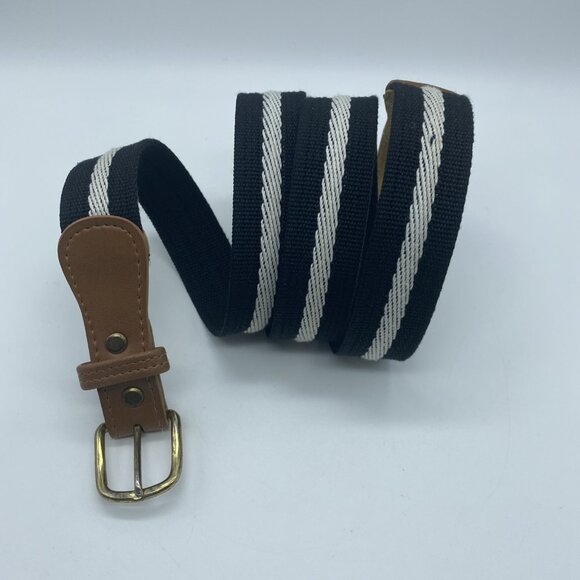 Unbranded Black White Stripe Cotton Canvas Belt w/ Leather Tabs Men's Size 40 - Picture 1 of 11